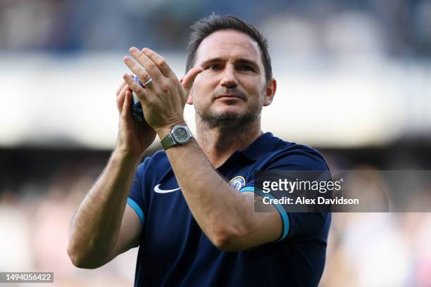 Frank Lampard, Caretaker Manager of Chelsea, acknowledges the fans after his final game in charge in the Premier League match between Chelsea FC and...