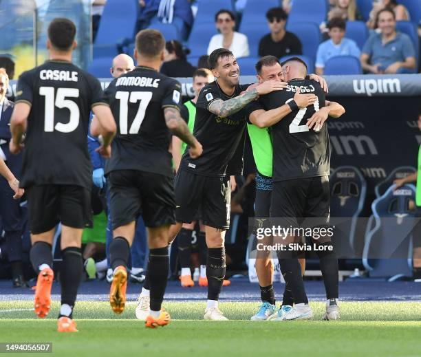 Sergej Milinkovic-Savic of SS Lazio celebrates with teammate Stefan Rad after scoring goal 1-0 during the Serie A match between SS Lazio and US...