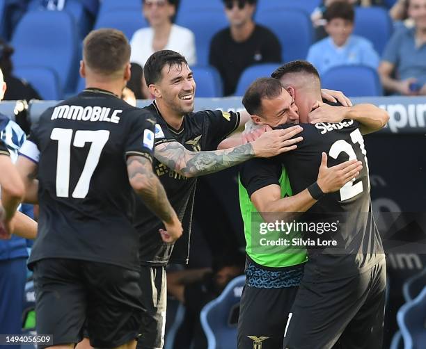 Sergej Milinkovic-Savic of SS Lazio celebrates with teammate Stefan Rad after scoring goal 1-0 during the Serie A match between SS Lazio and US...