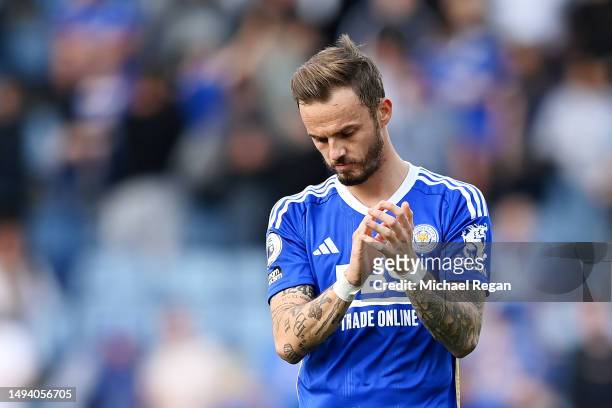 James Maddison of Leicester City looks dejected after their sides defeat, resulting in their relegation to the Championship during the Premier League...