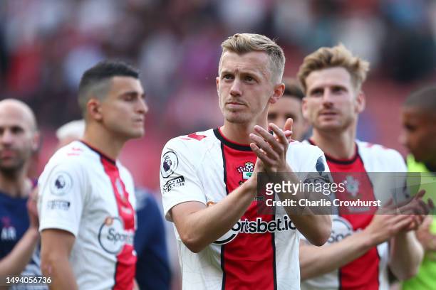 James Ward-Prowse of Southampton acknowledges the fans following the Premier League match between Southampton FC and Liverpool FC at Friends...