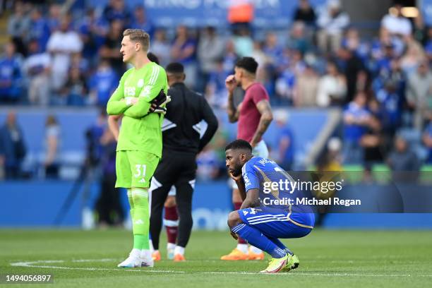 Kelechi Iheanacho of Leicester City looks dejected after their sides defeat, resulting in their relegation to the Championship during the Premier...