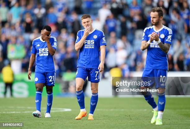 Harvey Barnes of Leicester City looks dejected after their sides defeat, resulting in their relegation to the Championship during the Premier League...