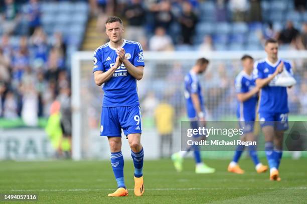 Jamie Vardy of Leicester City looks dejected after their sides defeat, resulting in their relegation to the Championship during the Premier League...