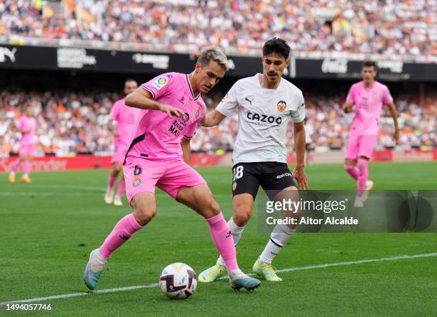 Denis Suarez of RCD Espanyol battles for possession with Andre Almeida of Valencia CF during the LaLiga Santander match between Valencia CF and RCD...