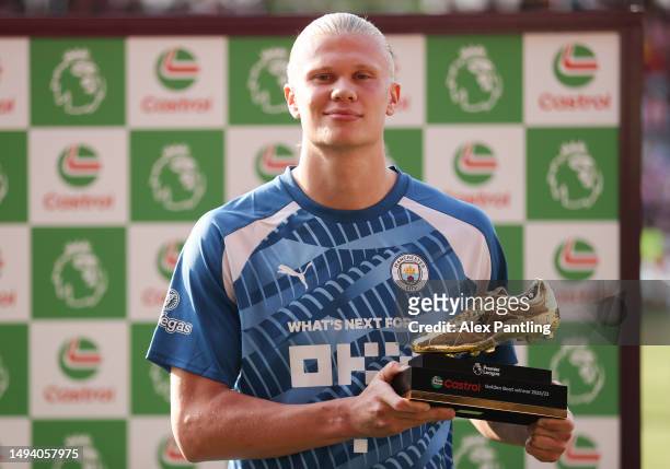 Erling Haaland of Manchester City poses for a photo after being awarded the Premier League Castrol Golden Boot 2022/23 Award during the Premier...