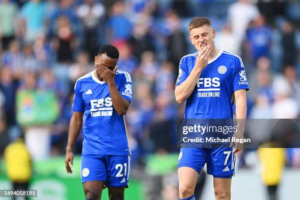 Harvey Barnes of Leicester City looks dejected after their sides defeat, resulting in their relegation to the Championship during the Premier League...