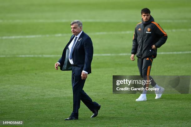 Sam Allardyce, Manager of Leeds United, looks dejected after their sides defeat, resulting in their relegation to the Championship during the Premier...