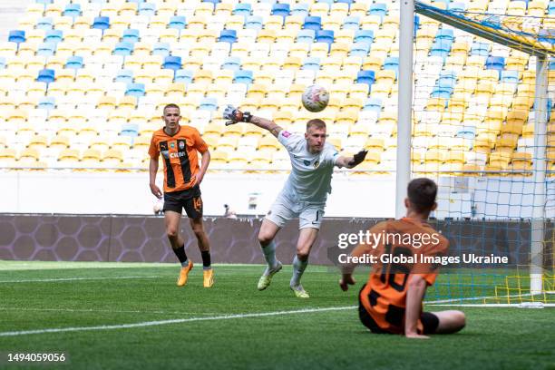 Vladyslav Rybak of Dnipro-1 goalkeeper hits a ball during the match on May 28, 2023 in Lviv, Ukraine. On May 28, a match between Shakhtar Donetsk and...