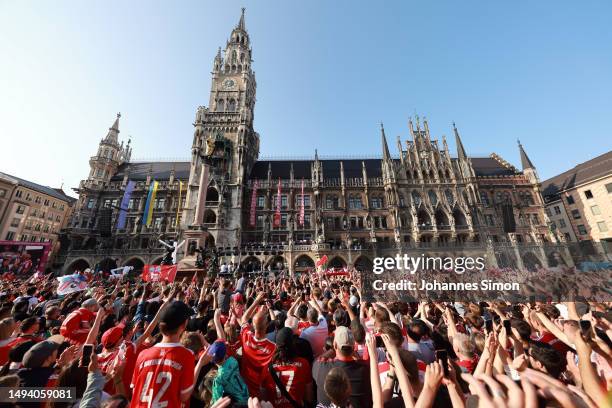 Fans of FC Bayern Munich attend the official Bundesliga championship celebration at Marienplatz on May 28, 2023 in Munich, Germany.