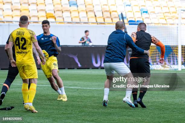 Players of Shakhtar Donetsk and Dnipro-1 Dnipro take part in a fight during the match on May 28, 2023 in Lviv, Ukraine. On May 28, a match between...