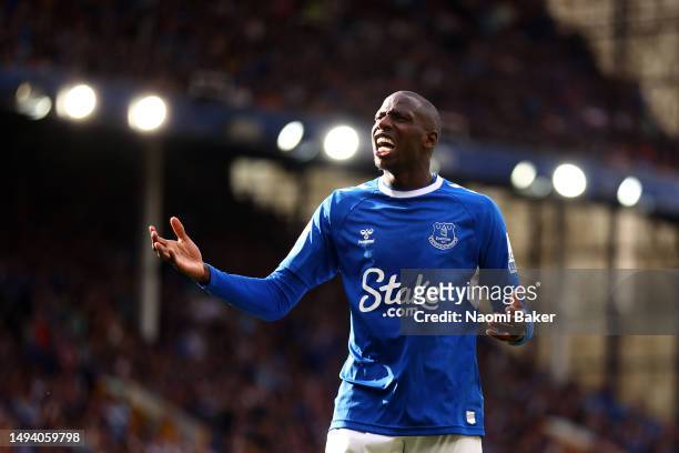 Abdoulaye Doucoure of Everton reacts to the fans during the Premier League match between Everton FC and AFC Bournemouth at Goodison Park on May 28,...