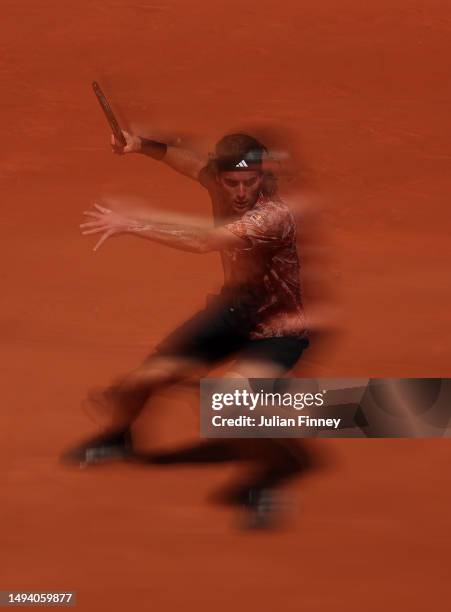 Stefanos Tsitsipas of Greece in action against Jiri Vesely of Czech Republic during their Men's Singles First Round Match on Day One of the 2023...