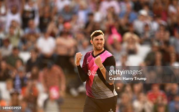 Craig Overton of Somerset celebrates the wicket of Sam Northeast of Glamorgan during the Vitality Blast T20 match between Somerset and Glamorgan at...