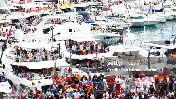 Spectators watch on from yachts in the harbor during the F1 Grand Prix of Monaco at Circuit de Monaco on May 28, 2023 in Monte-Carlo, Monaco.