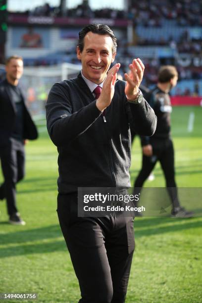 Unai Emery, Manager of Aston Villa, celebrates after the final whistle of the Premier League match between Aston Villa and Brighton & Hove Albion at...