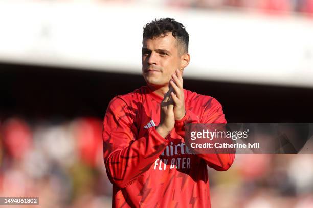 Granit Xhaka of Arsenal applauds fans after the Premier League match between Arsenal FC and Wolverhampton Wanderers at Emirates Stadium on May 28,...
