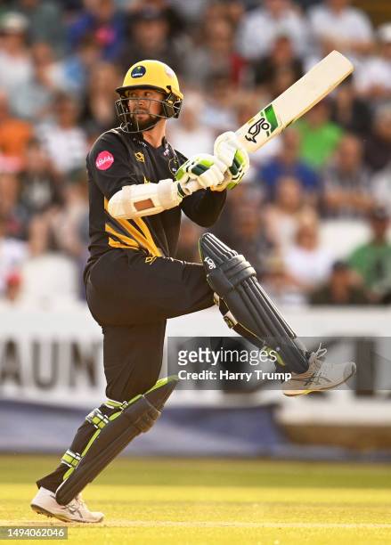 Eddie Byrom of Glamorgan plays a shot during the Vitality Blast T20 match between Somerset and Glamorgan at The Cooper Associates County Ground on...