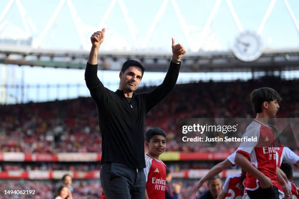 Mikel Arteta, Manager of Arsenal, acknowledges fans after the Premier League match between Arsenal FC and Wolverhampton Wanderers at Emirates Stadium...