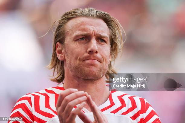 Emil Forsberg of RB Leipzig reacts during the Bundesliga match between RB Leipzig and FC Schalke 04 at Red Bull Arena on May 27, 2023 in Leipzig,...