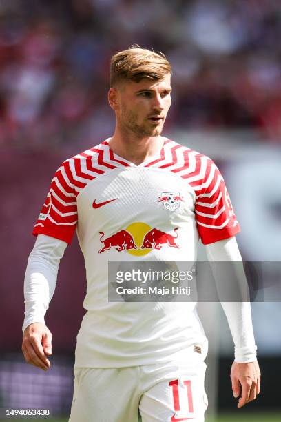 Timo Werner of RB Leipzig looks on during the Bundesliga match between RB Leipzig and FC Schalke 04 at Red Bull Arena on May 27, 2023 in Leipzig,...