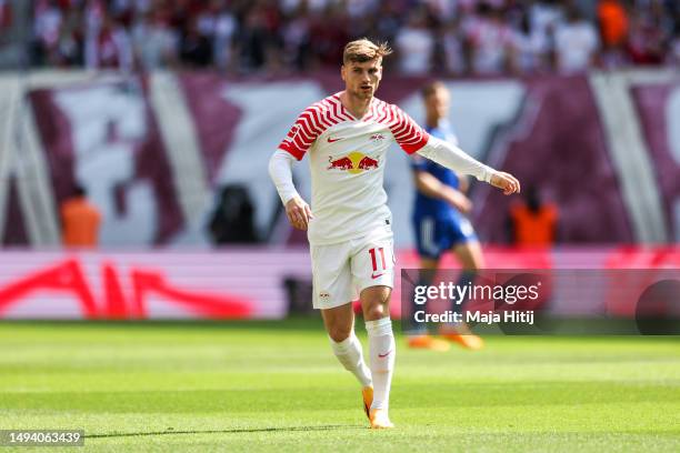 Timo Werner of RB Leipzig runs during the Bundesliga match between RB Leipzig and FC Schalke 04 at Red Bull Arena on May 27, 2023 in Leipzig, Germany.