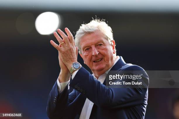 Roy Hodgson, Manager of Crystal Palace, acknowledges the fans after the final whistle of the Premier League match between Crystal Palace and...