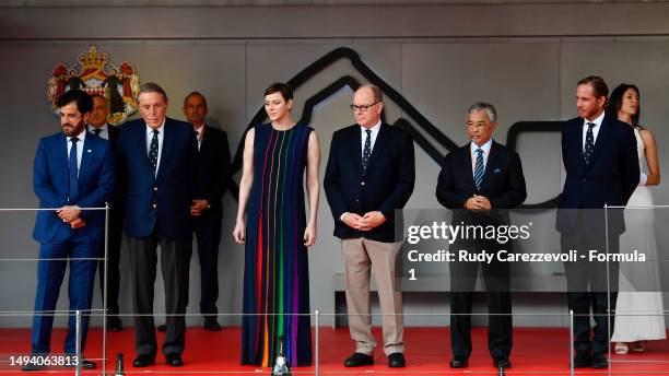 Prince Albert of Monaco and Princess Charlene of Monaco are seen on the podium during the F1 Grand Prix of Monaco at Circuit de Monaco on May 28,...