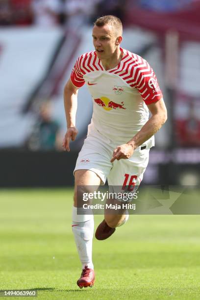 Lukas Klostermann of RB Leipzig runs during the Bundesliga match between RB Leipzig and FC Schalke 04 at Red Bull Arena on May 27, 2023 in Leipzig,...