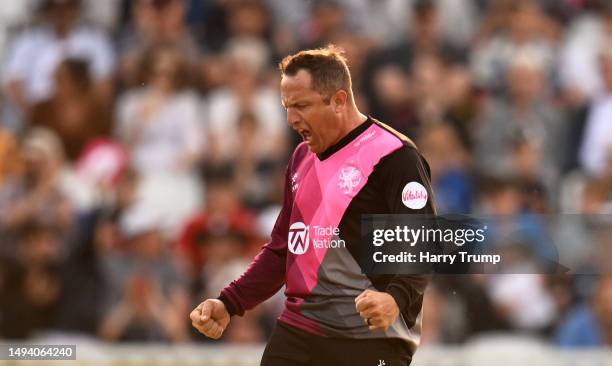 Roelof van der Merwe of Somerset celebrates the wicket of Eddie Byrom of Glamorgan during the Vitality Blast T20 match between Somerset and Glamorgan...