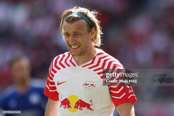 Emil Forsberg of RB Leipzig looks on during the Bundesliga match between RB Leipzig and FC Schalke 04 at Red Bull Arena on May 27, 2023 in Leipzig,...