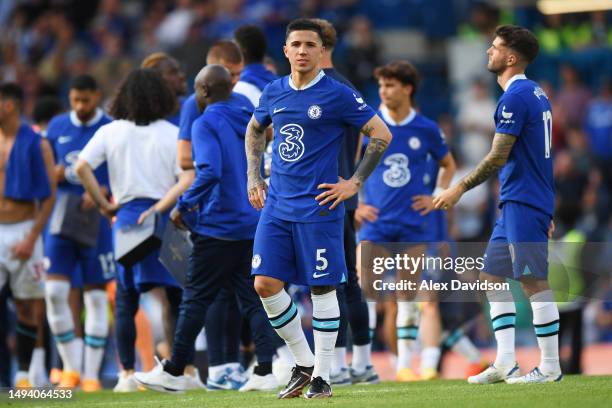 Enzo Fernandez of Chelsea acknowledges the fans after the draw during the Premier League match between Chelsea FC and Newcastle United at Stamford...