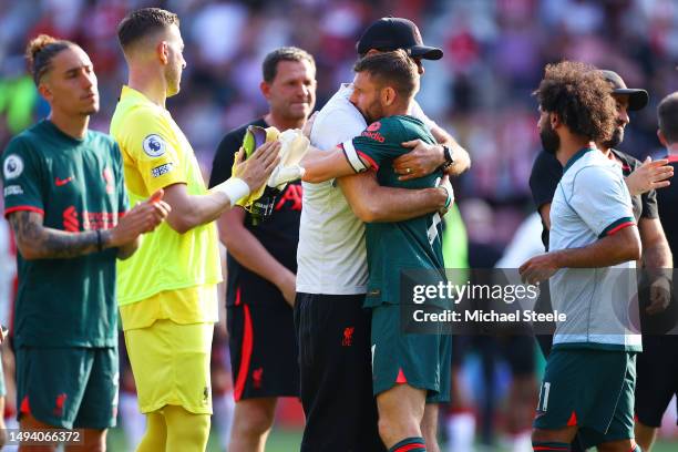 Juergen Klopp embraces James Milner of Liverpool after the draw the Premier League match between Southampton FC and Liverpool FC at Friends Provident...