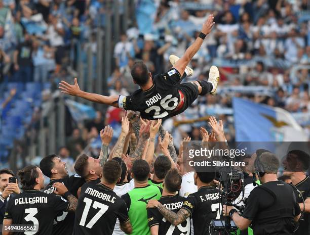 Stefan Radu of SS Lazio celebrated by teammates during the Serie A match between SS Lazio and US Cremonese at Stadio Olimpico on May 28, 2023 in...