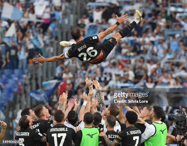 Stefan Radu of SS Lazio celebrated by teammates during the Serie A match between SS Lazio and US Cremonese at Stadio Olimpico on May 28, 2023 in...