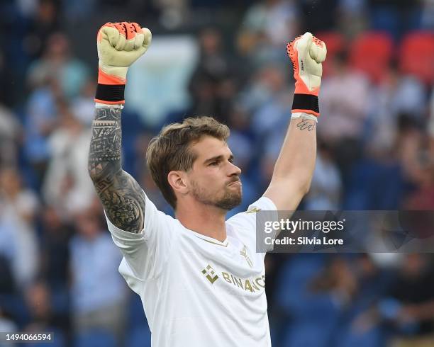 Ivan Provedel of SS Lazio celebrates the victory at the end of the Serie A match between SS Lazio and US Cremonese at Stadio Olimpico on May 28, 2023...