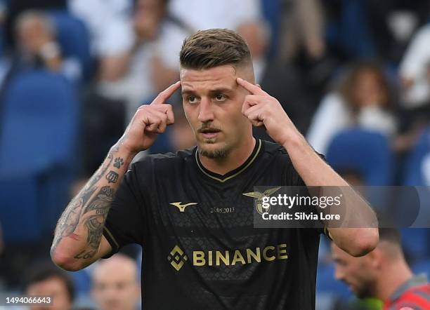 Sergej Milinkovic-Savic of SS Lazio gestures during the Serie A match between SS Lazio and US Cremonese at Stadio Olimpico on May 28, 2023 in Rome,...