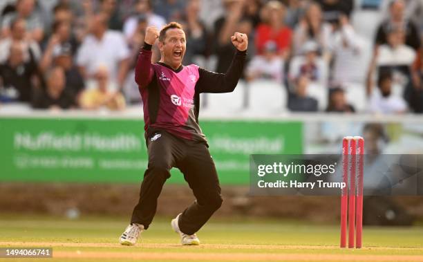 Roelof van der Merwe of Somerset celebrates the wicket of Ben Kellaway of Glamorgan during the Vitality Blast T20 match between Somerset and...