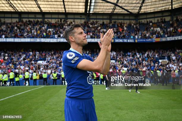 Cesar Azpilicueta of Chelsea acknowledges the fans following the Premier League match between Chelsea FC and Newcastle United at Stamford Bridge on...