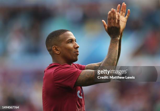 Ashley Young of Aston Villa applauds the fans after the final whistle of the Premier League match between Aston Villa and Brighton & Hove Albion at...