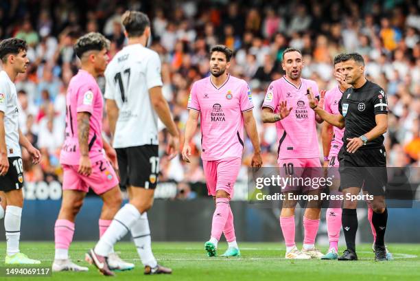 Sergi Darder of Espanyol protest during the spanish league, La Liga Santander, football match played between Valencia CF and RCD Espanyol at Mestalla...