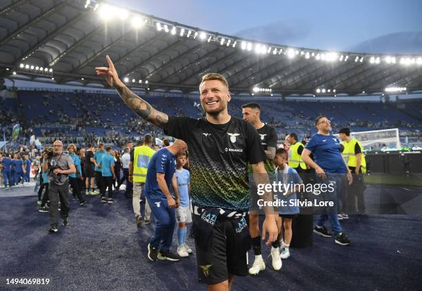 Ciro Immobile of SS Lazio celebrates the victory at the end of the Serie A match between SS Lazio and US Cremonese at Stadio Olimpico on May 28, 2023...