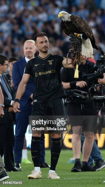 Stefan Radu of SS Lazio greets his fans by saying goodbye to football at the end of the Serie A match between SS Lazio and US Cremonese at Stadio...