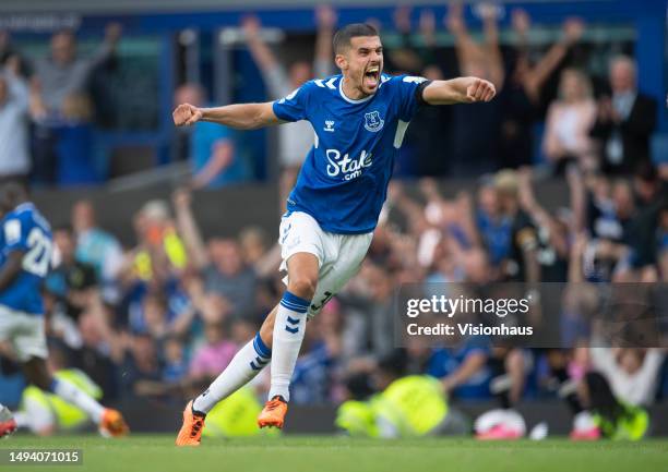 Conor Coady of Everton celebrates at the final whistle during the Premier League match between Everton FC and AFC Bournemouth at Goodison Park on May...