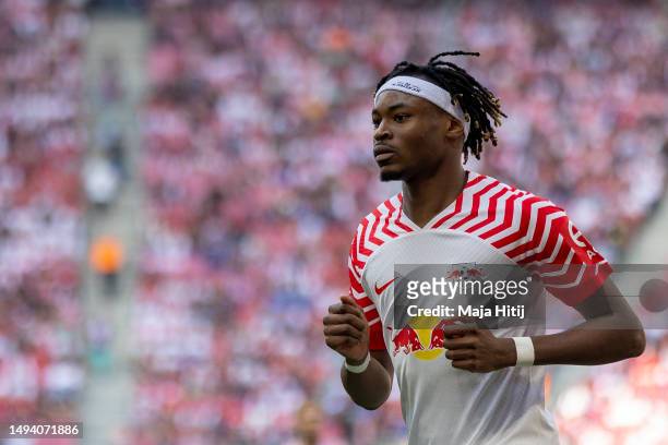 Mohamed Simakan of RB Leipzig looks on during the Bundesliga match between RB Leipzig and FC Schalke 04 at Red Bull Arena on May 27, 2023 in Leipzig,...