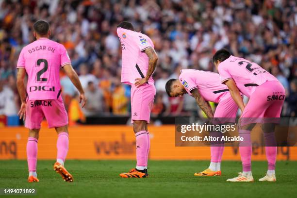 Espanyol players looks dejected after the final whistle of the LaLiga Santander match between Valencia CF and RCD Espanyol at Estadio Mestalla on May...