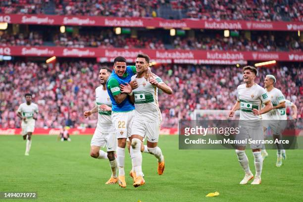 Lucas Boye of Elche CF celebrates after scoring goal during the LaLiga Santander match between Athletic Club and Elche CF at San Mames Stadium on May...