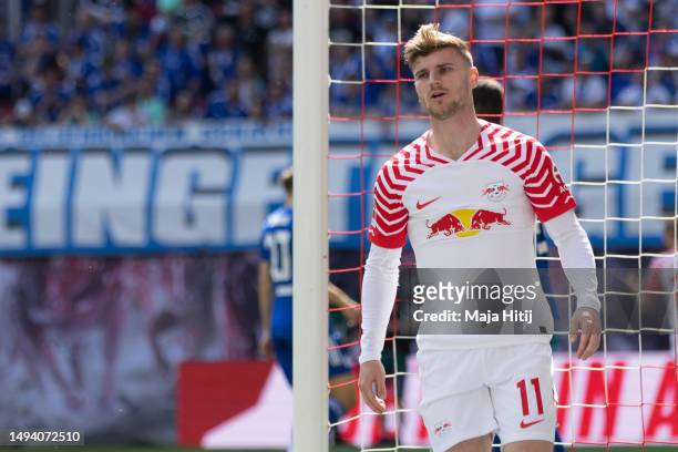 Timo Werner of RB Leipzig reacts during the Bundesliga match between RB Leipzig and FC Schalke 04 at Red Bull Arena on May 27, 2023 in Leipzig,...