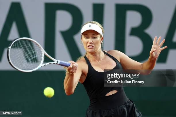 Danielle Collins of United States plays a forehand against Jessica Pegula of United States during their Women's Singles First Round match on Day One...
