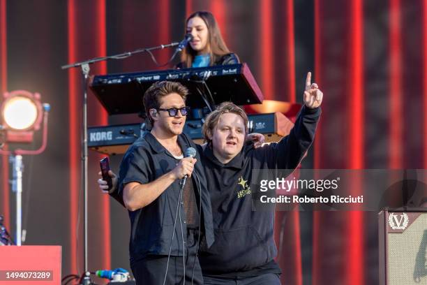 Niall Horan is joined on stage by Lewis Capaldi during his performance on Radio 1 Stage during BBC Radio 1's Big Weekend 2023 at Camperdown Wildlife...